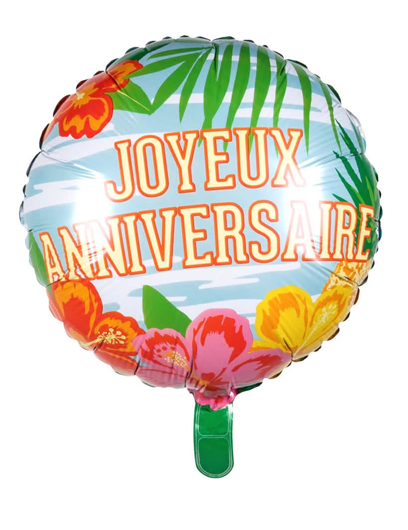 Balon din aluminiu aniversare Paradise multicolor cu motive tropicale de flori de hibiscus și palmieri