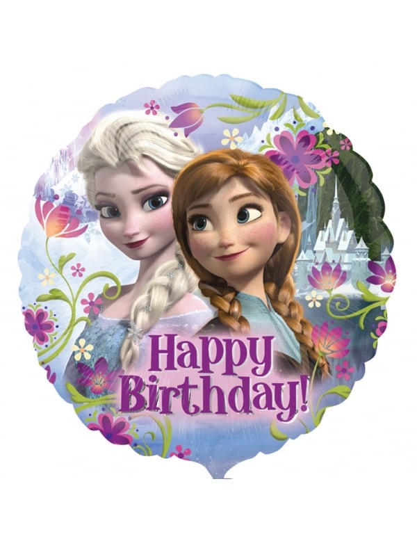 Ballon aluminium Happy Birthday La Reine des Neiges pour enfant bleu avec Elsa et Anna