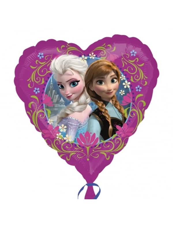 Balon din aluminiu inimă Regatul de Gheață pentru copil mov cu Anna și Elsa