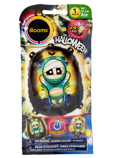Ballon aluminium lumineux momie Illooms pour Halloween blanc et bleu