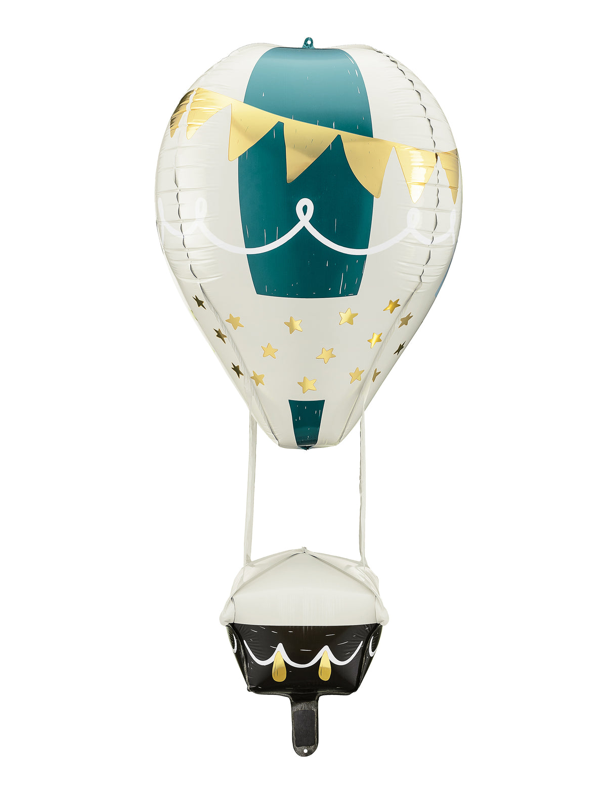Ballon aluminium montgolfière blanc et vert avec étoiles et fanions dorés