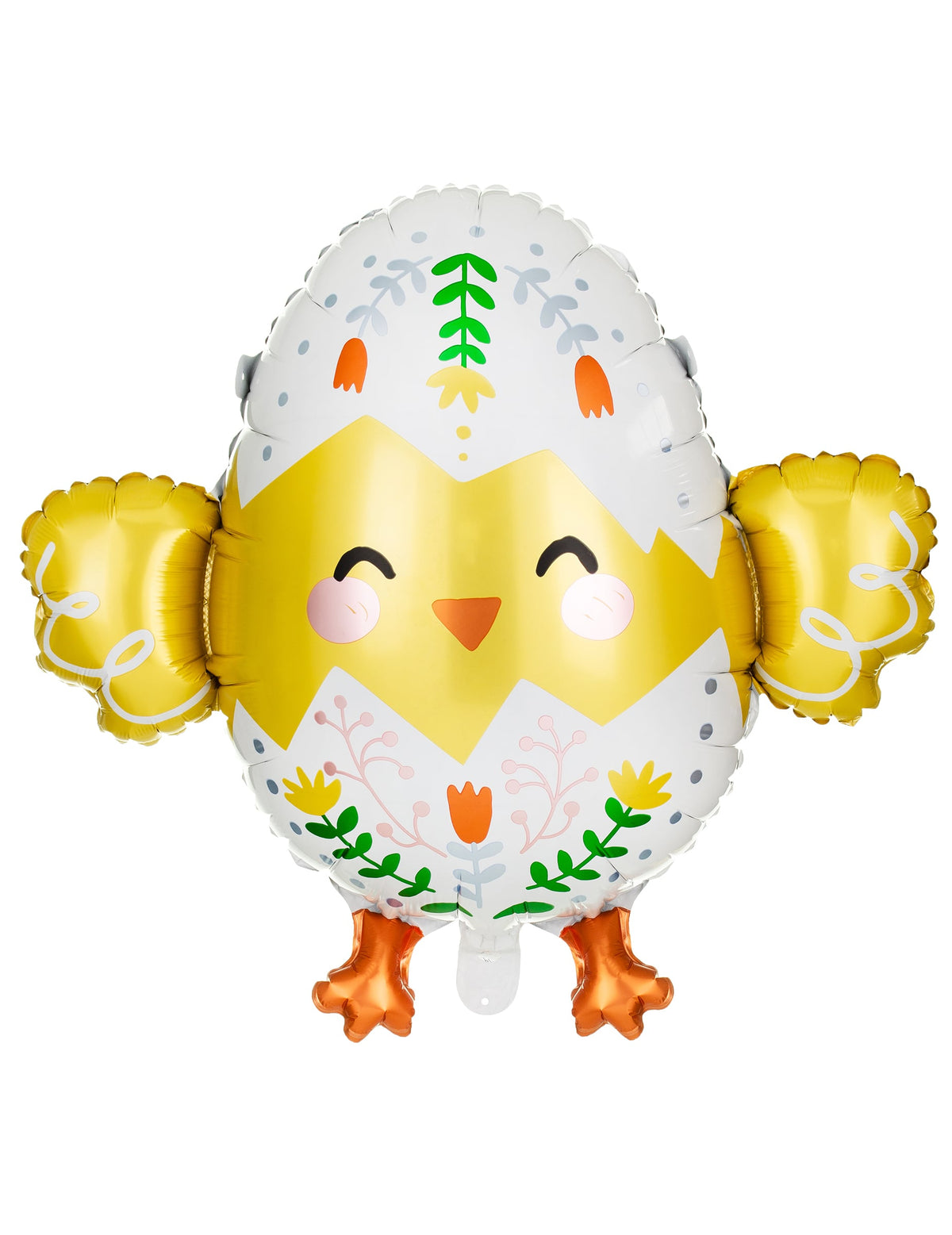 Ballon aluminium Poussin pour décoration de fête jaune et blanc avec motifs fleurs