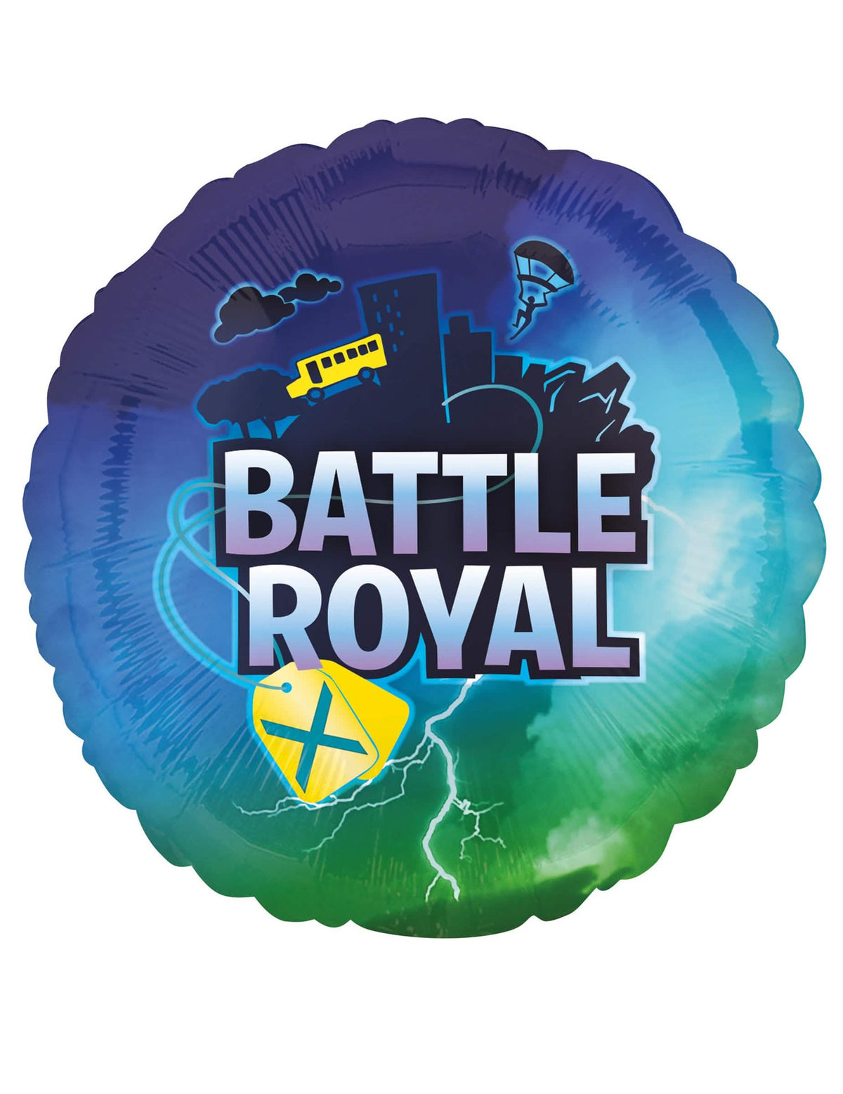 Balon de aluminiu rotund Battle Royale pentru petrecere albastru și verde cu autobuz galben și fulger