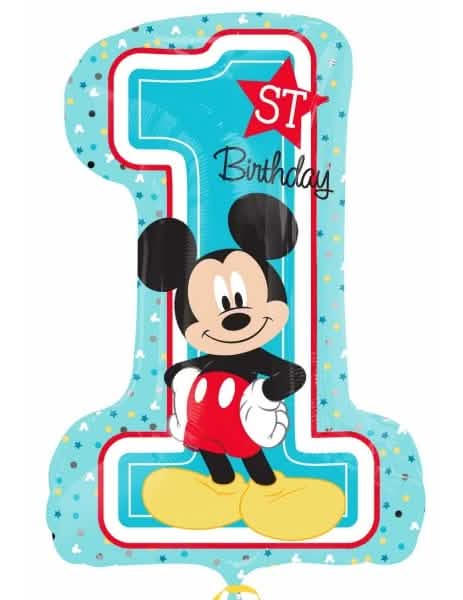 Balon cifră 1 din aluminiu Mickey Mouse albastru deschis cu inscripția 1st Birthday