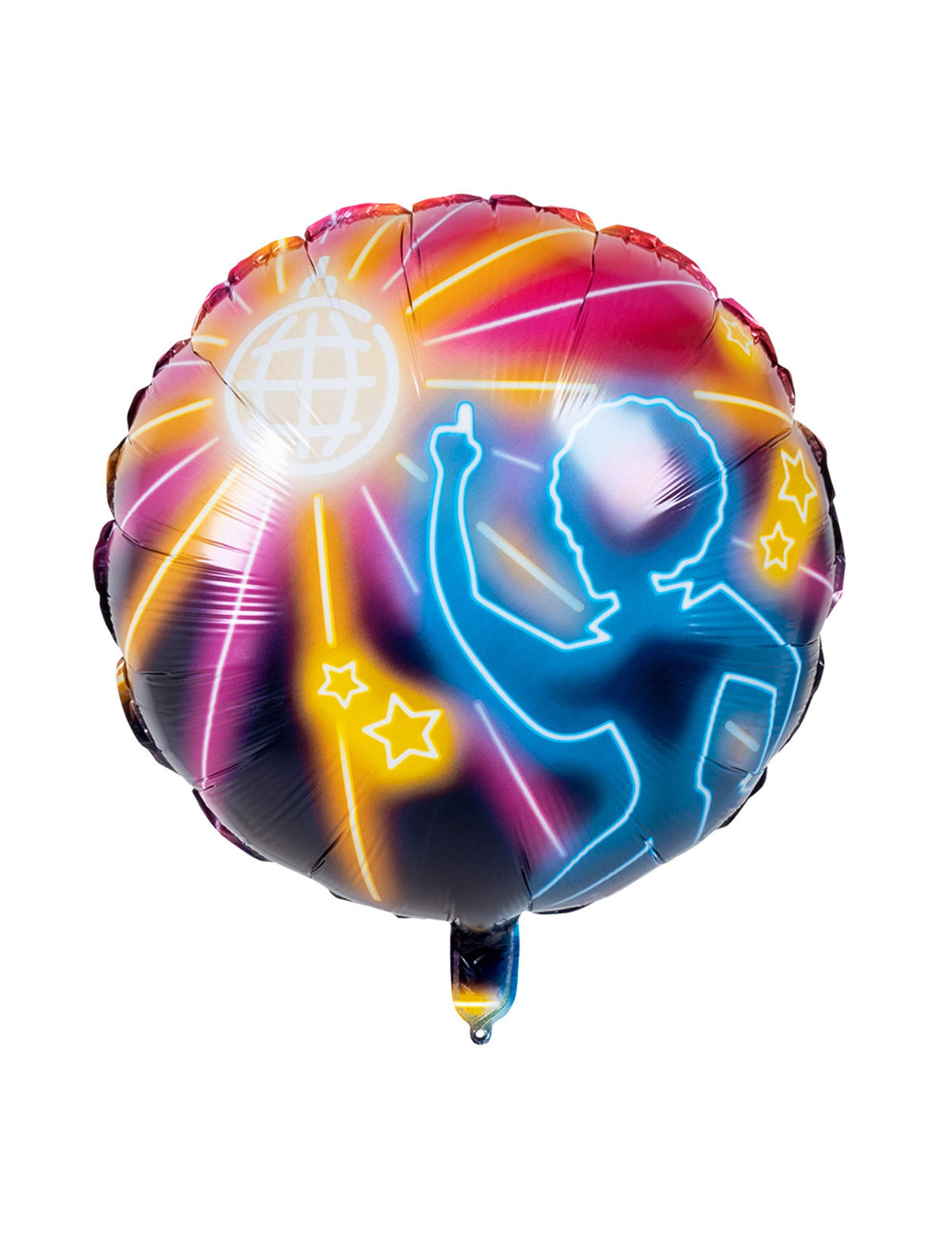 Gros plan sur le motif néon avec danseur et boule à facettes du ballon en aluminium Disco fever
