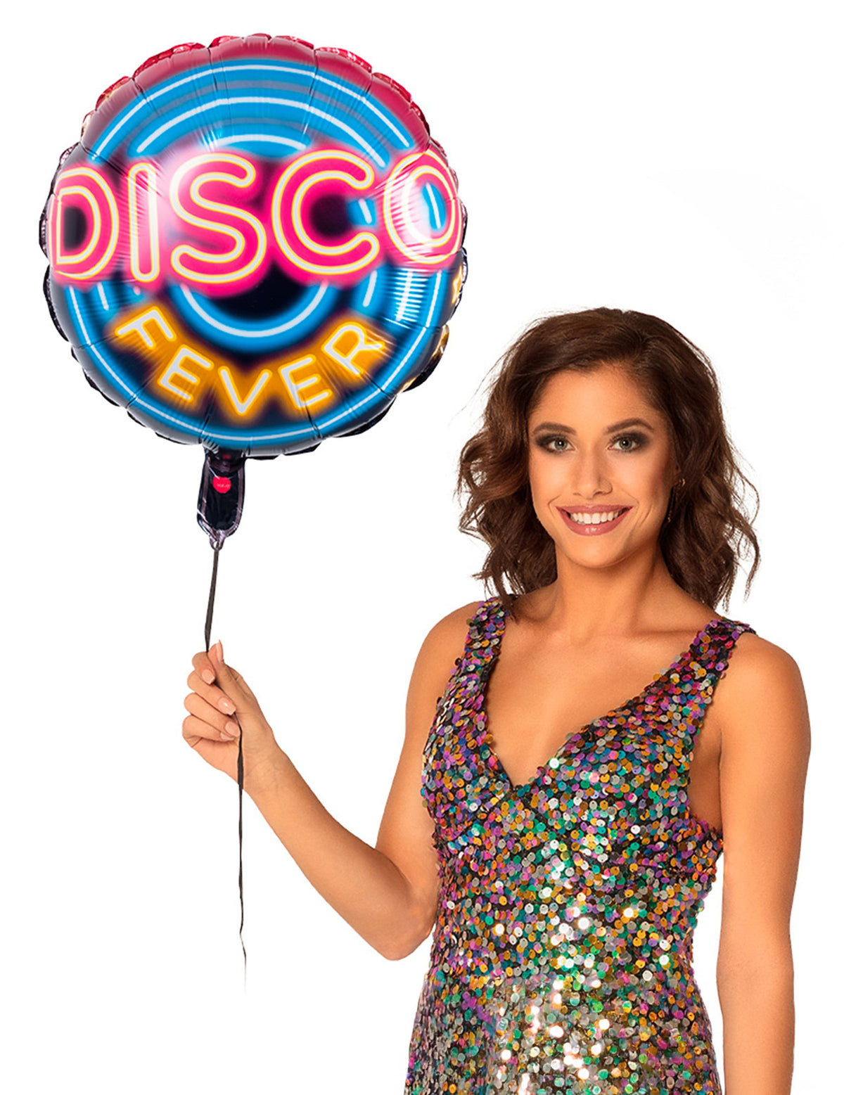Mise en situation du ballon en aluminium Disco fever tenu par une femme