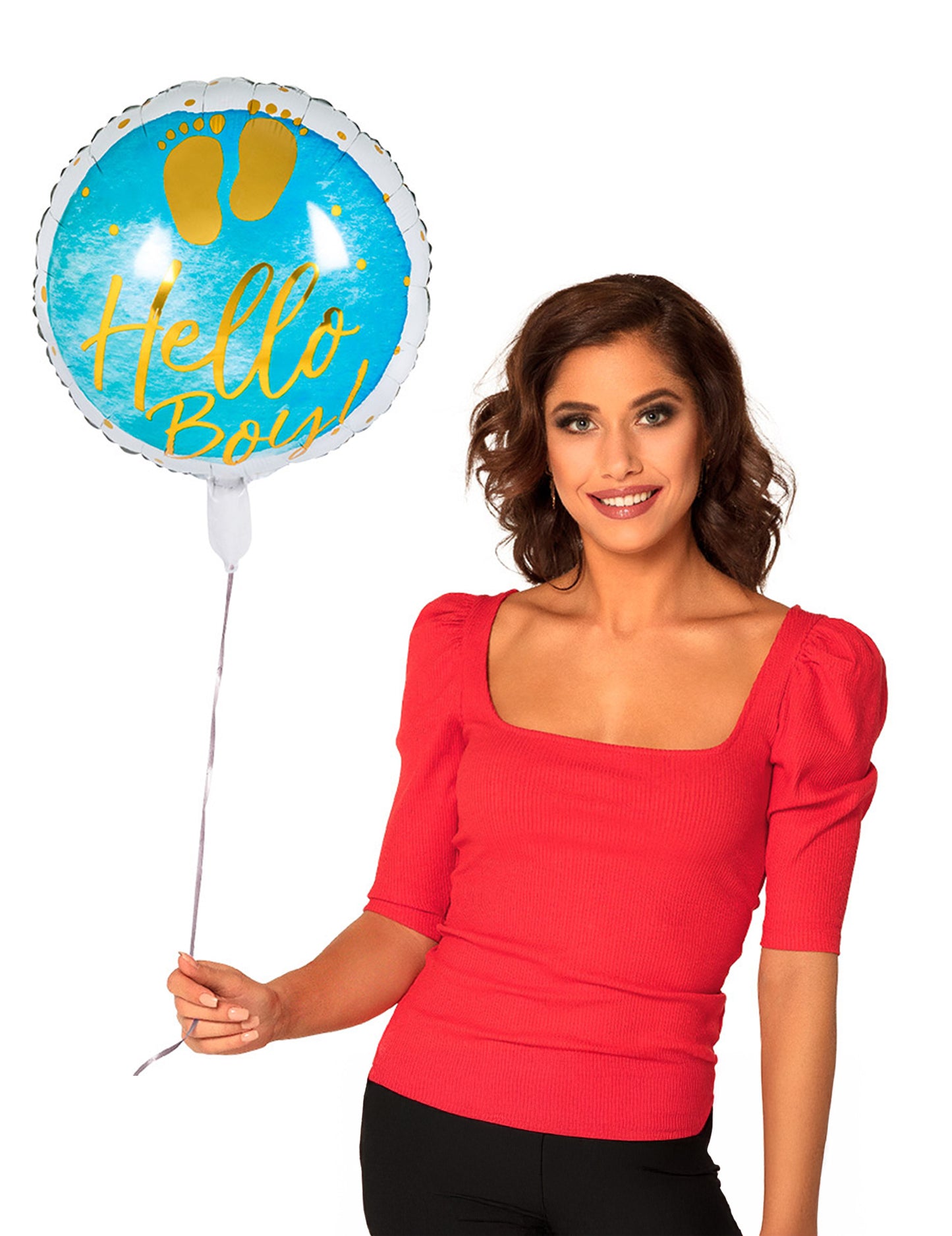 Balon folie albastru și auriu Hello Boy 45 cm pentru petrecerea de baby shower