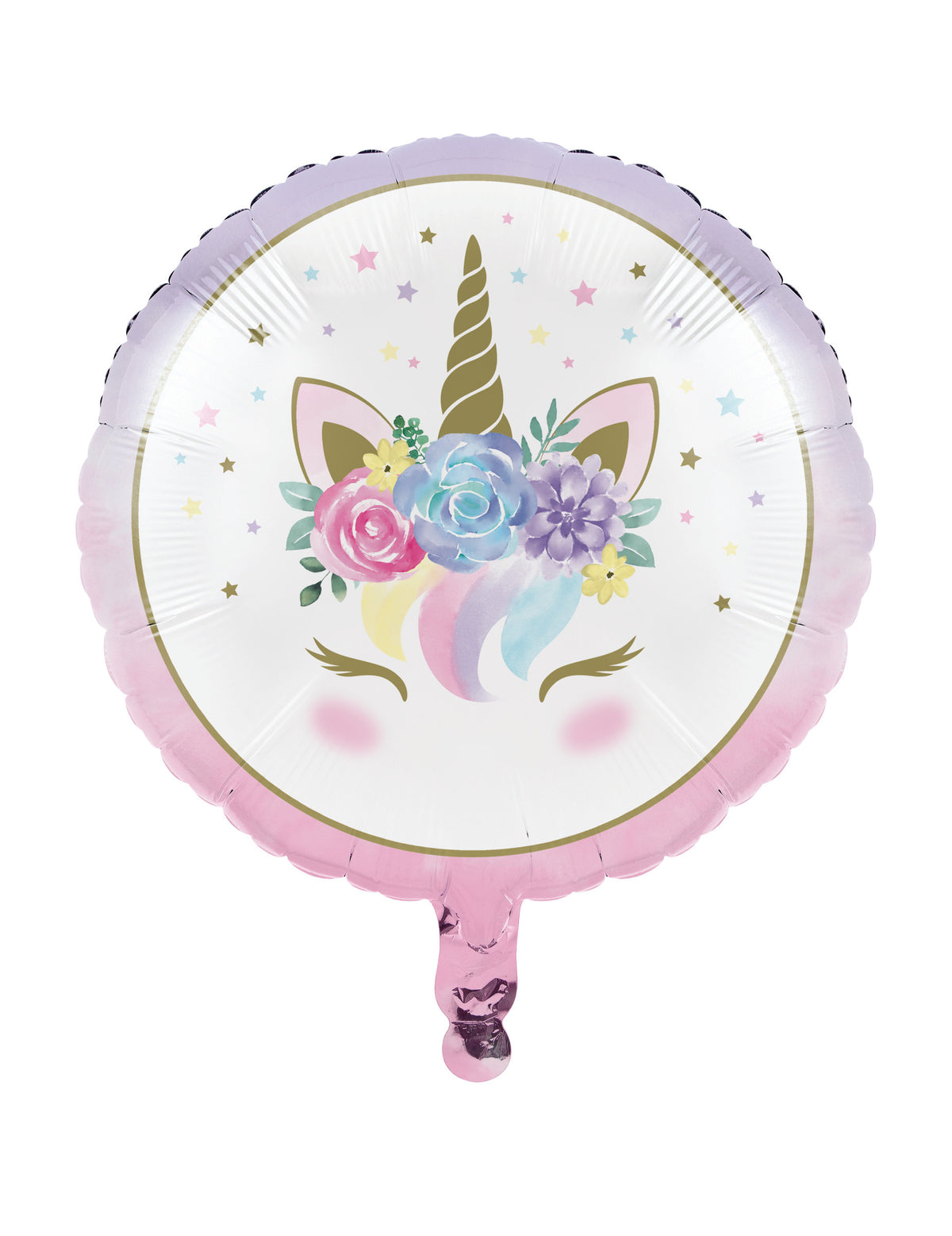 Ballon en aluminium licorne féerique pour enfant blanc avec fleurs pastel et corne dorée