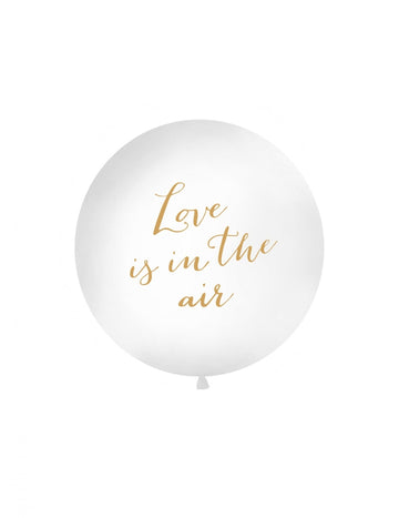 Ballon en latex géant Love is in the air pour mariage blanc avec inscription dorée