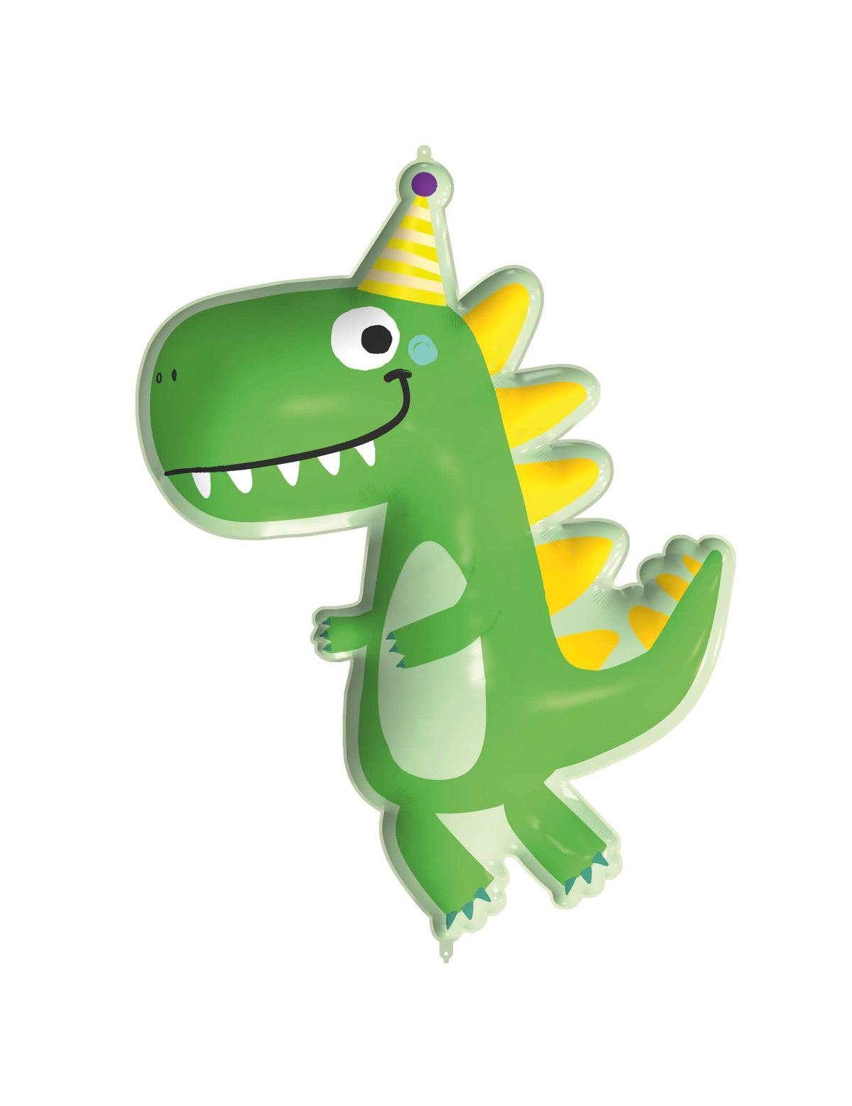 Balon uriaș din aluminiu dinozaur pentru copil verde cu pălărie de petrecere galbenă
