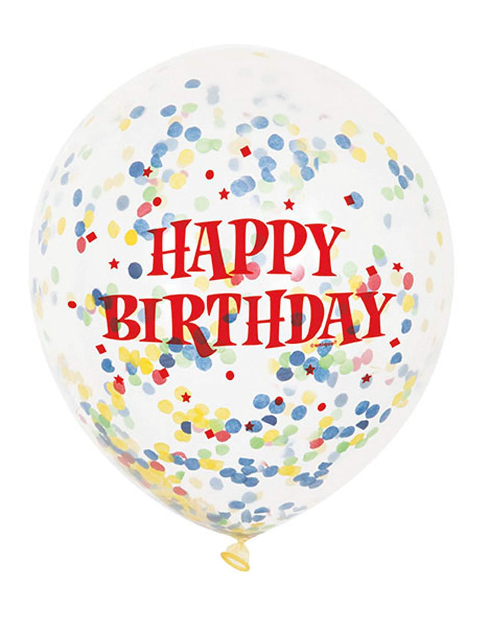 baloane din latex Happy Birthday pentru petrecere transparent cu confetti multicolore și text roșu