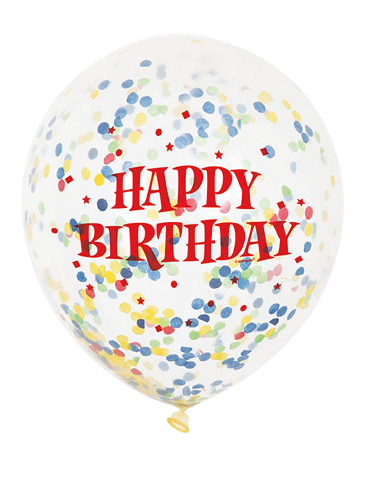 baloane din latex Happy Birthday pentru petrecere transparent cu confetti multicolore și text roșu