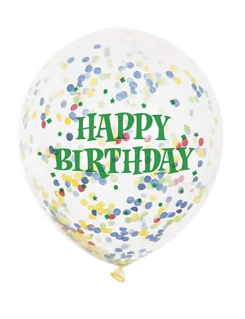 Detaliu al textului verde și al confetti-urilor de pe baloanele din latex Happy Birthday pentru petrecere