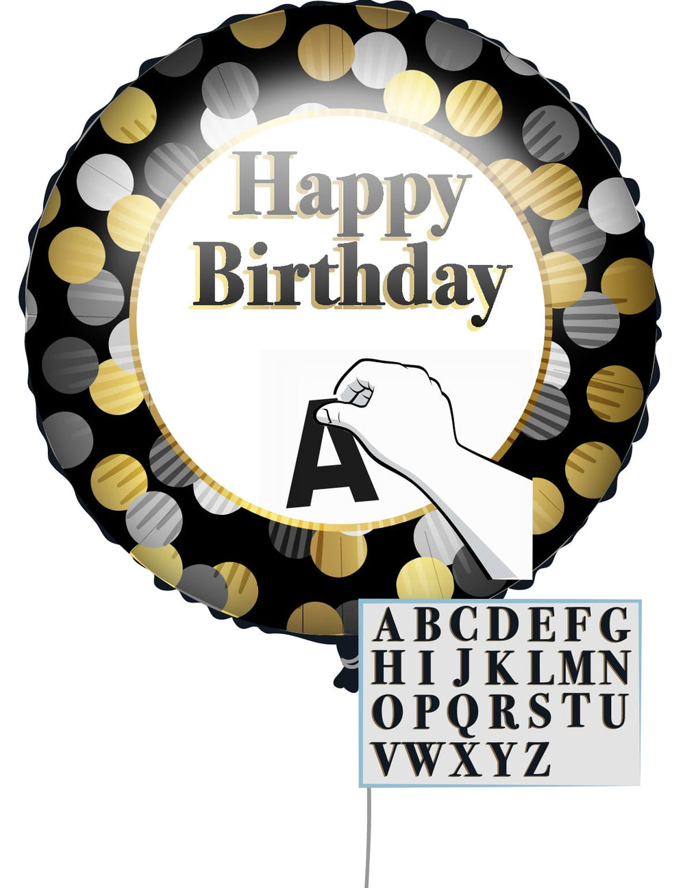 Ballon personnalisable Happy Birthday noir et or avec lettres adhésives