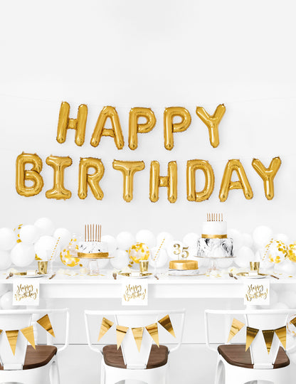 Baloane folie aurii cu textul "La mulți ani" 35 cm într-o ghirlandă