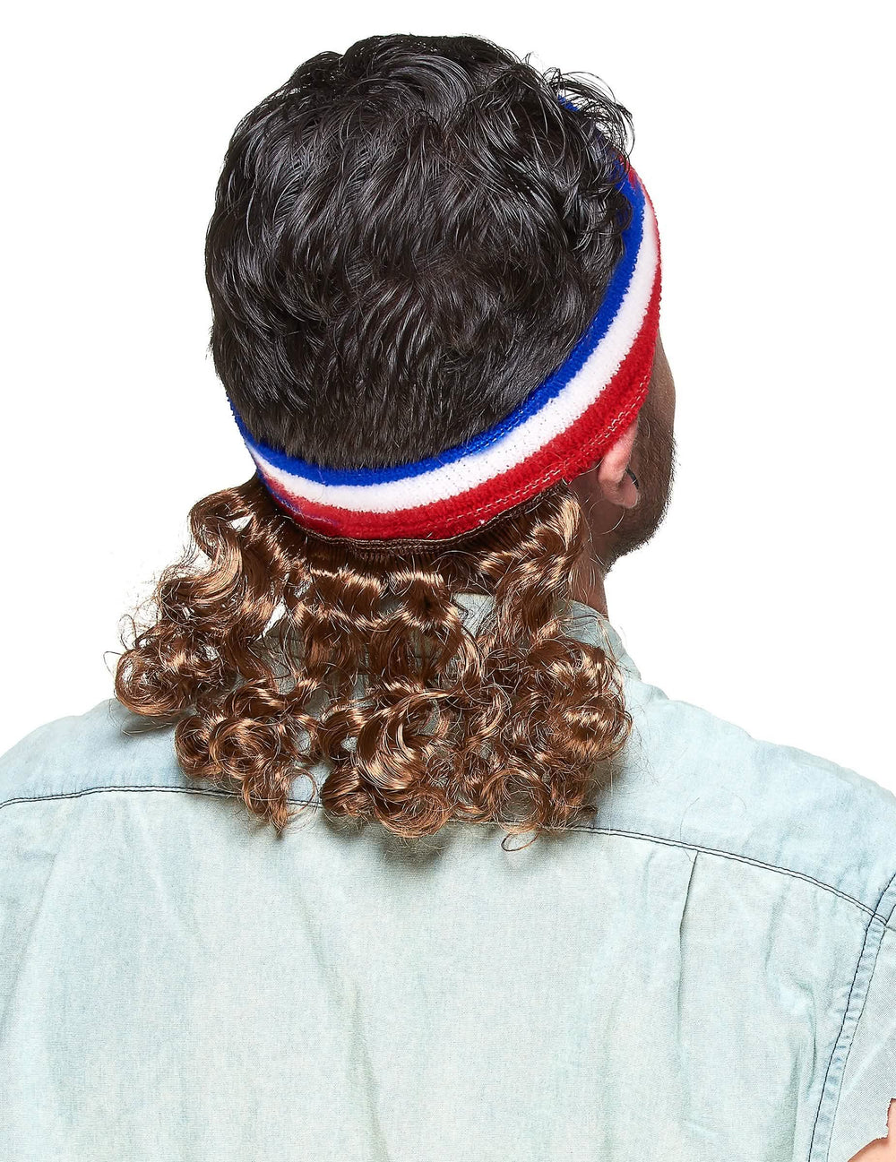 Vedere din spate a bentiței mullet albastru alb și roșu