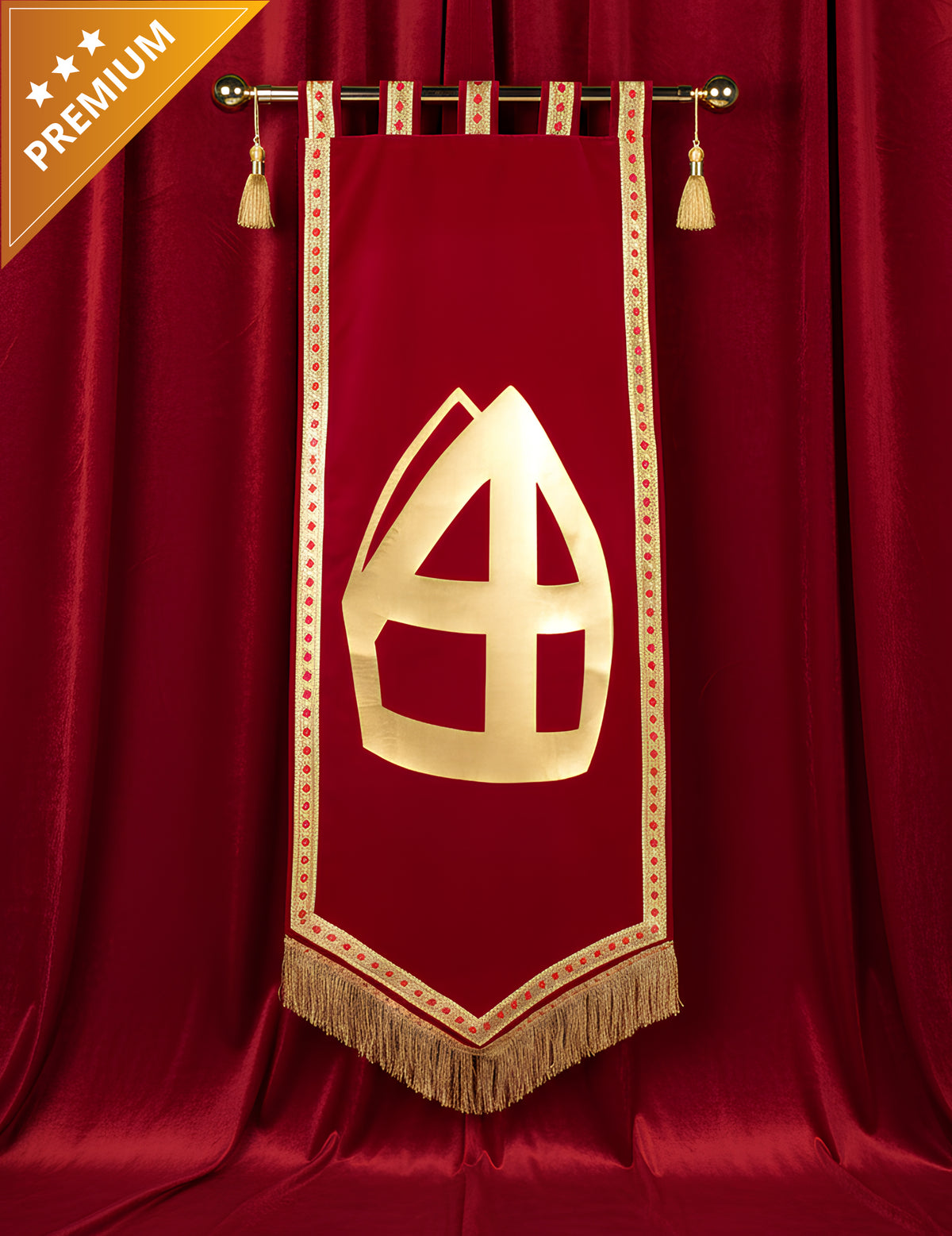 Bannière de Saint-Nicolas rouge et or luxe avec mitre dorée et franges