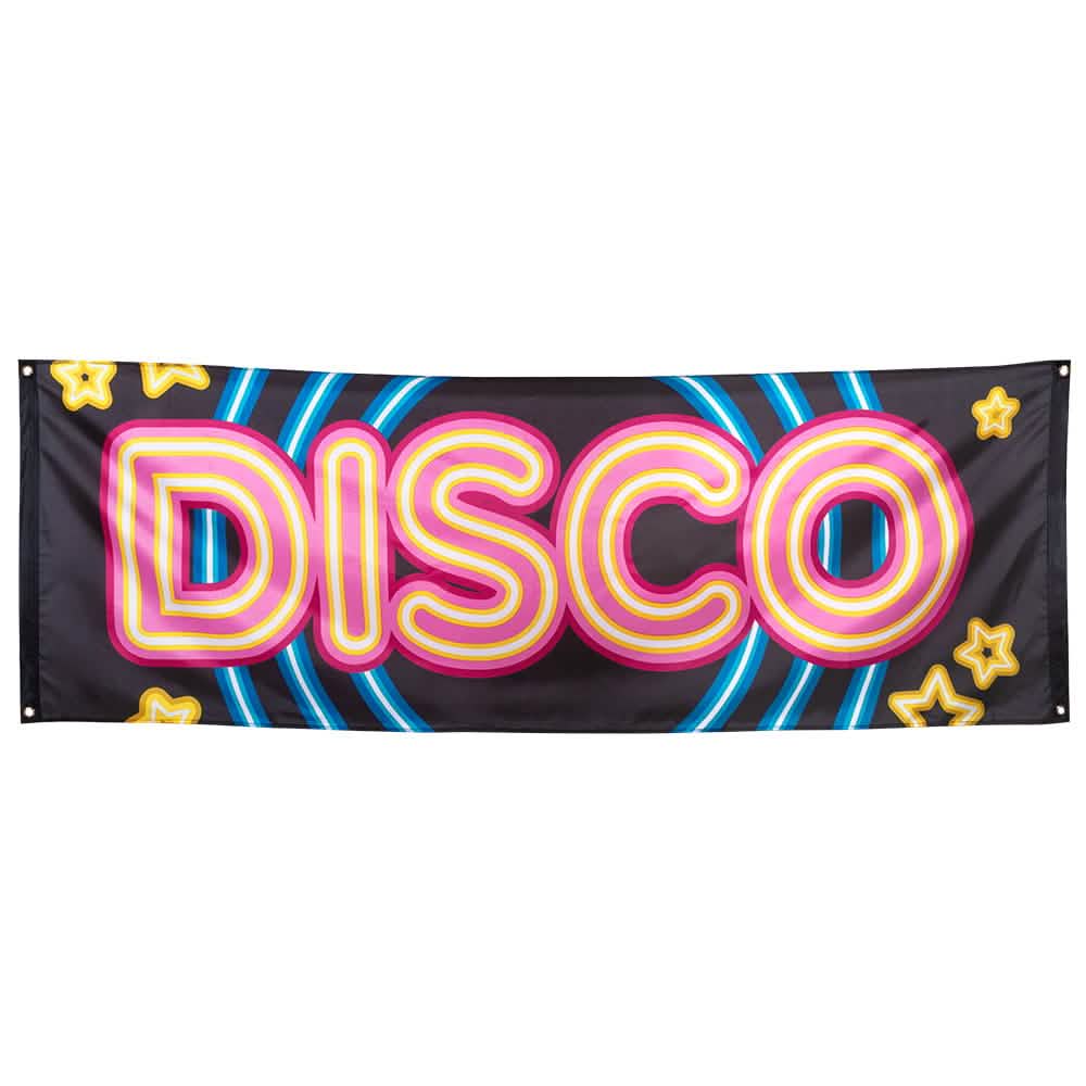 Banner Disco Fever pentru petrecere neagră cu lettering roz și galben