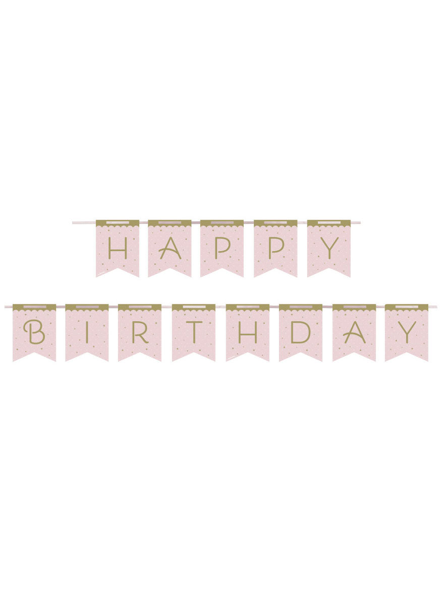 Bannière en carton Happy Birthday cygne royal rose et dorée