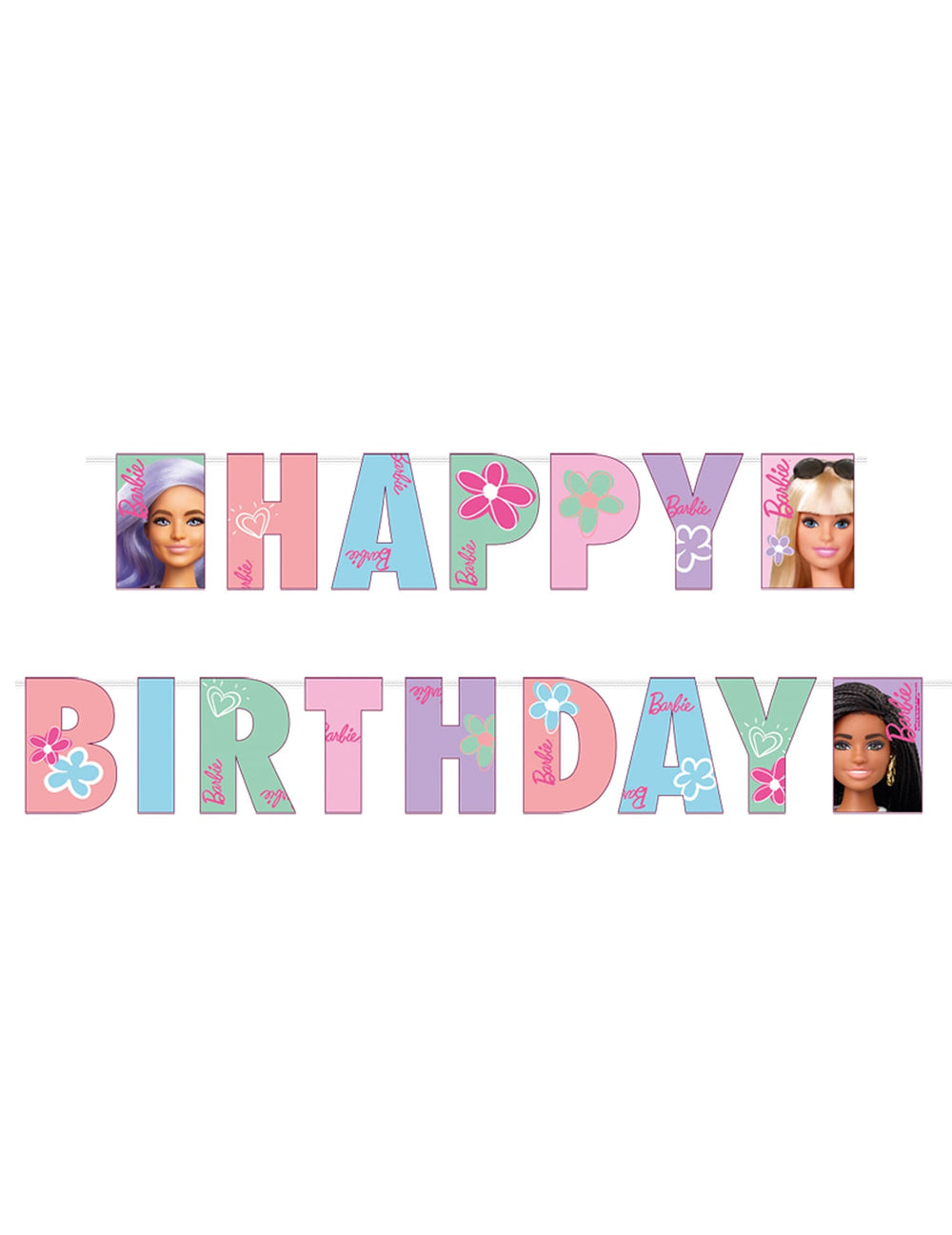 Bannière en papier Happy Birthday Barbie Sweet Life pour enfant rose et pastel à fleurs