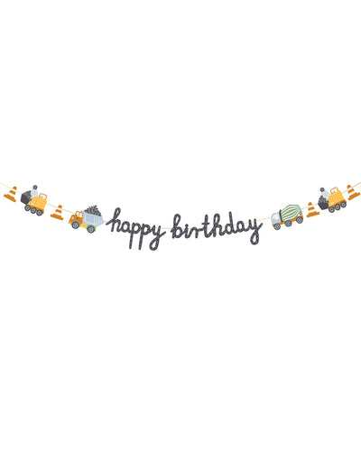 Bannière Happy Birthday camions de chantier pour anniversaire multicolore avec engins de construction