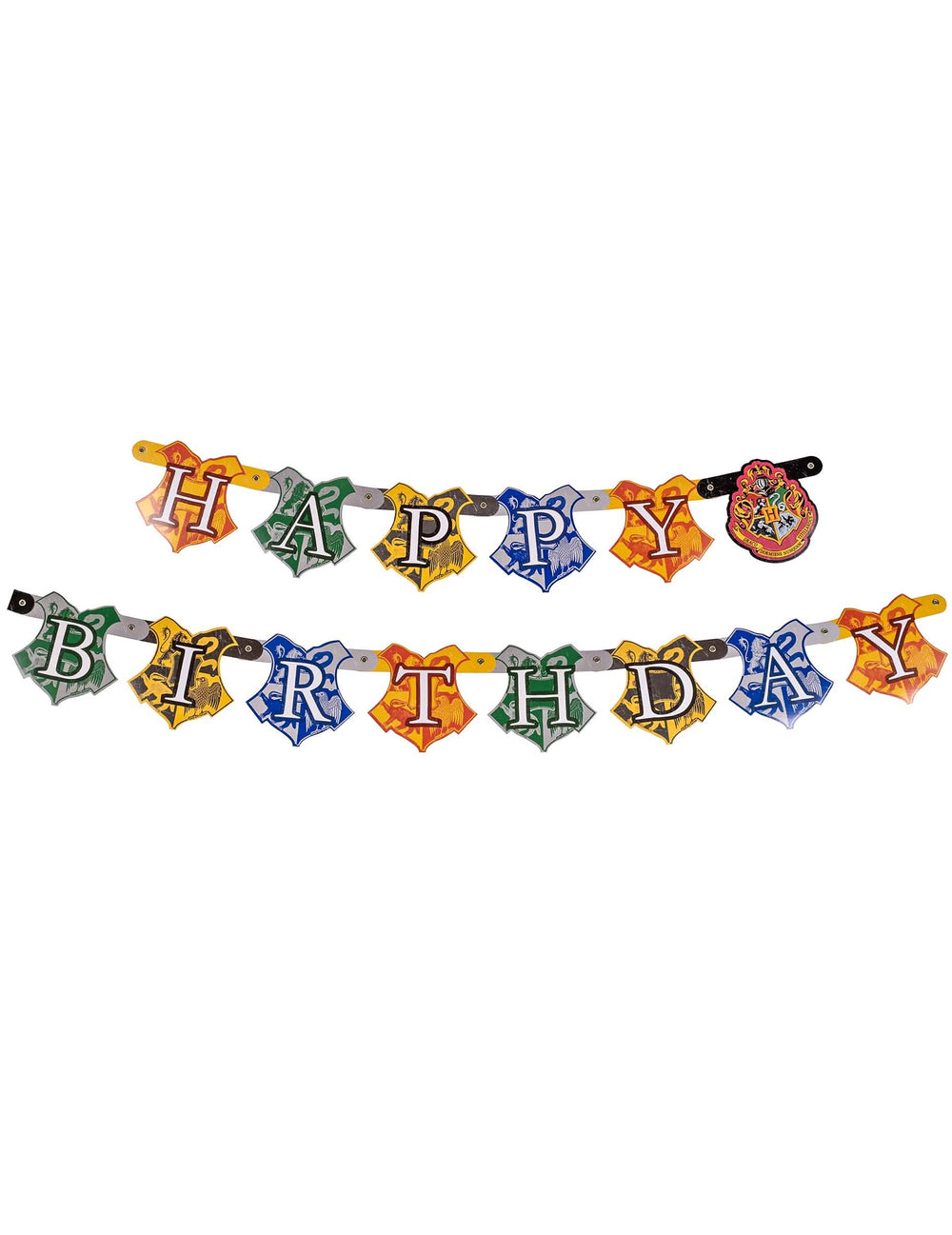 Banner happy birthday Harry Potter pentru aniversare multicolor cu blazoanele caselor de la Hogwarts
