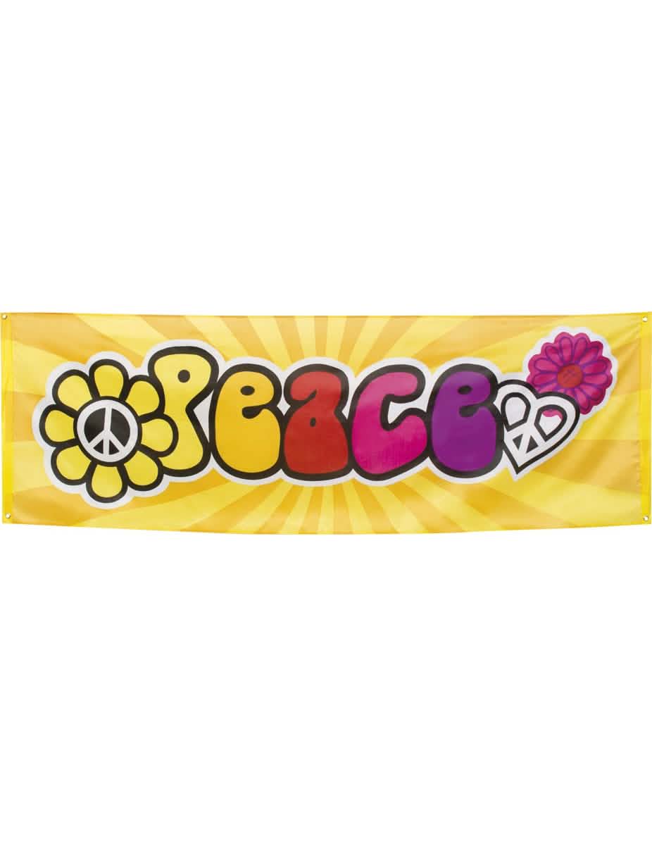 Banner din țesătură Hippie Flower Power pentru petrecere galben cu inscripția Peace multicolor