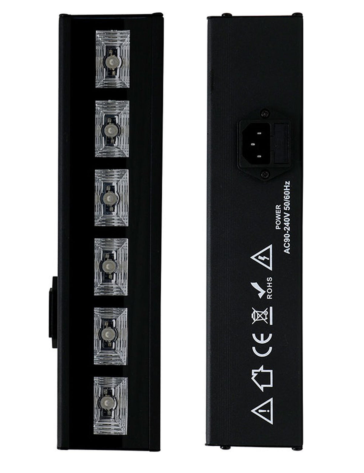 Vue de face et de dos de la barre à leds lumière noire pour fête 6x3W