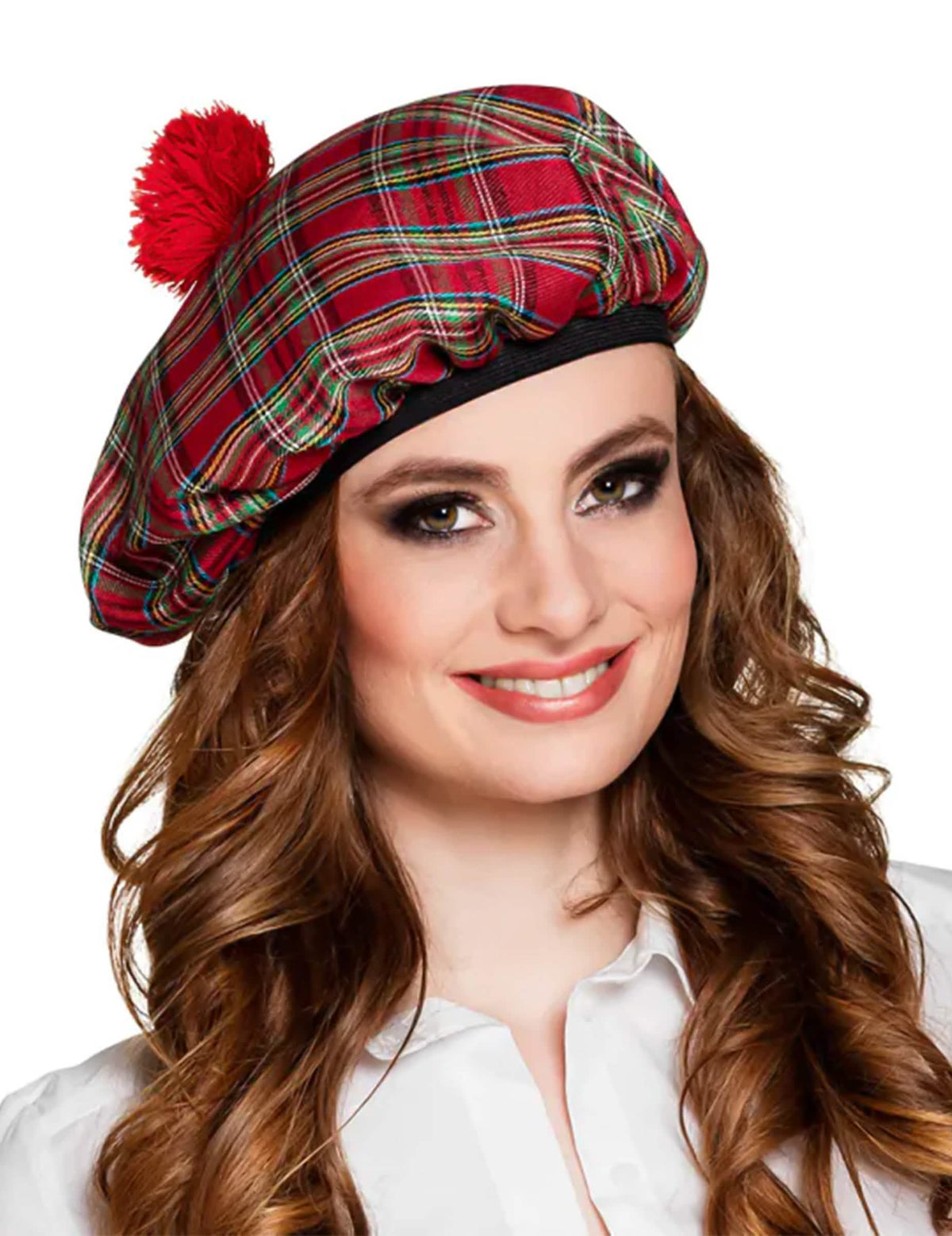 Beret scoțian pentru adult roșu în carouri cu pompom