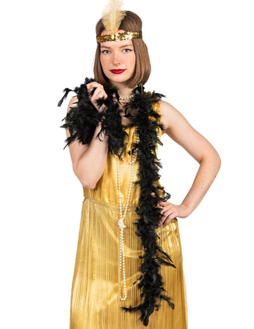 Détail du porté du boa en plumes pour adulte noir 40g