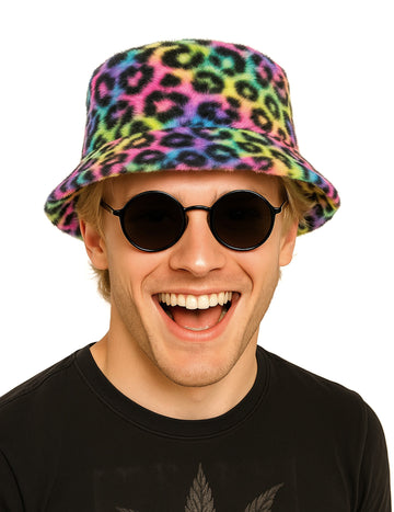 Pălărie bucket din pluș cu imprimeu leopard multicolor 
