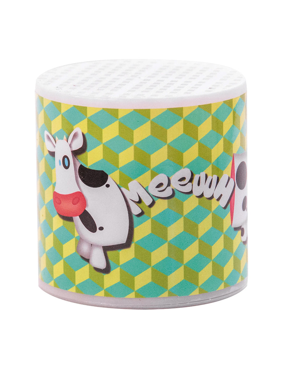 Boite à meuh vache pour enfant vert et jaune à motifs géométriques
