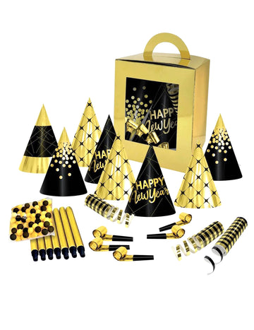 Cutie cu confetti pentru Revelion, pentru 10 persoane, negru și auriu 