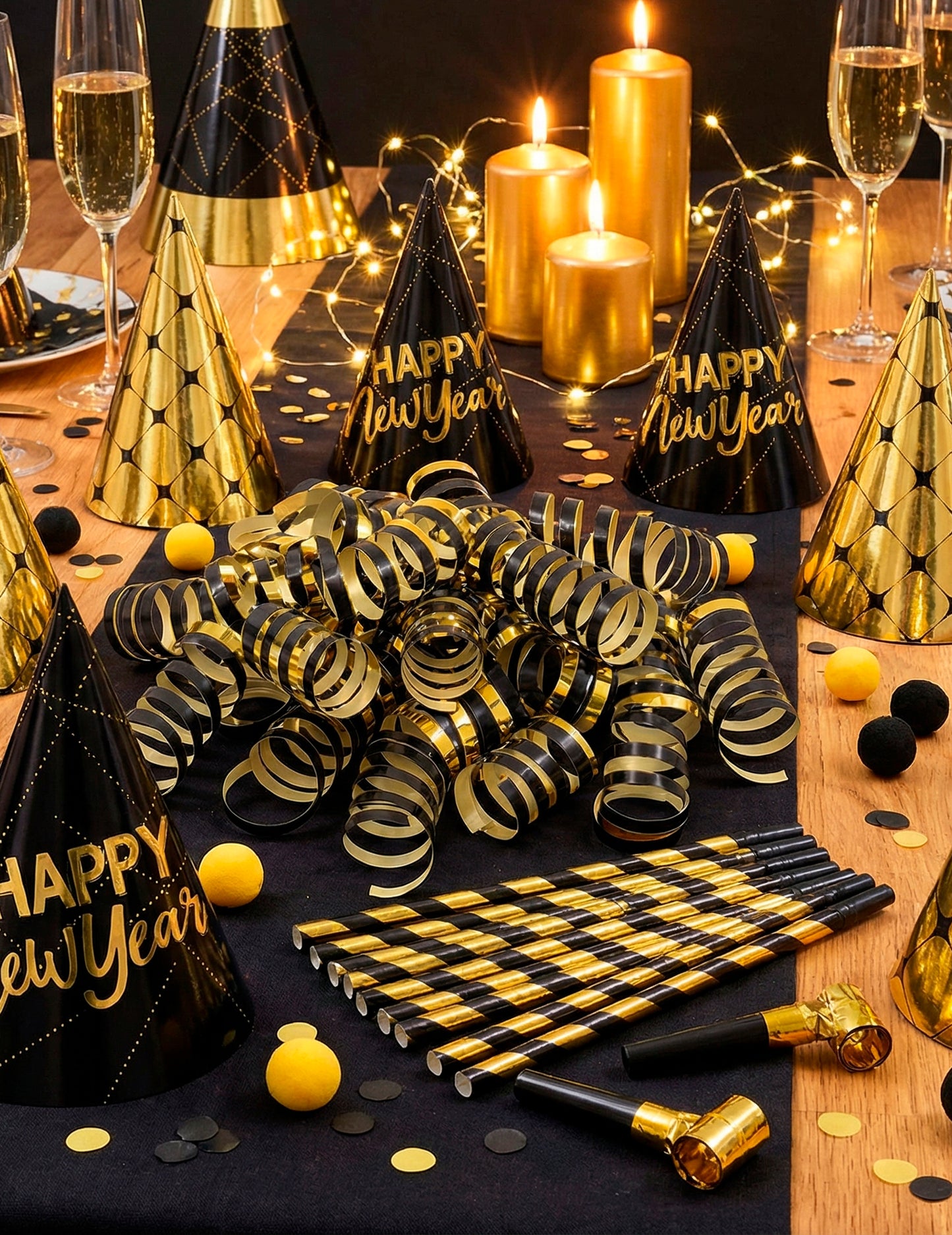 Cutie cu confetti pentru Revelion, pentru 10 persoane, negru și auriu 