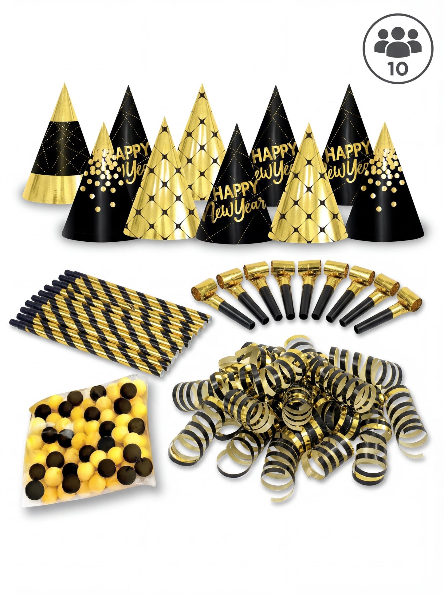 Cutie cu confetti pentru Revelion, pentru 10 persoane, negru și auriu 