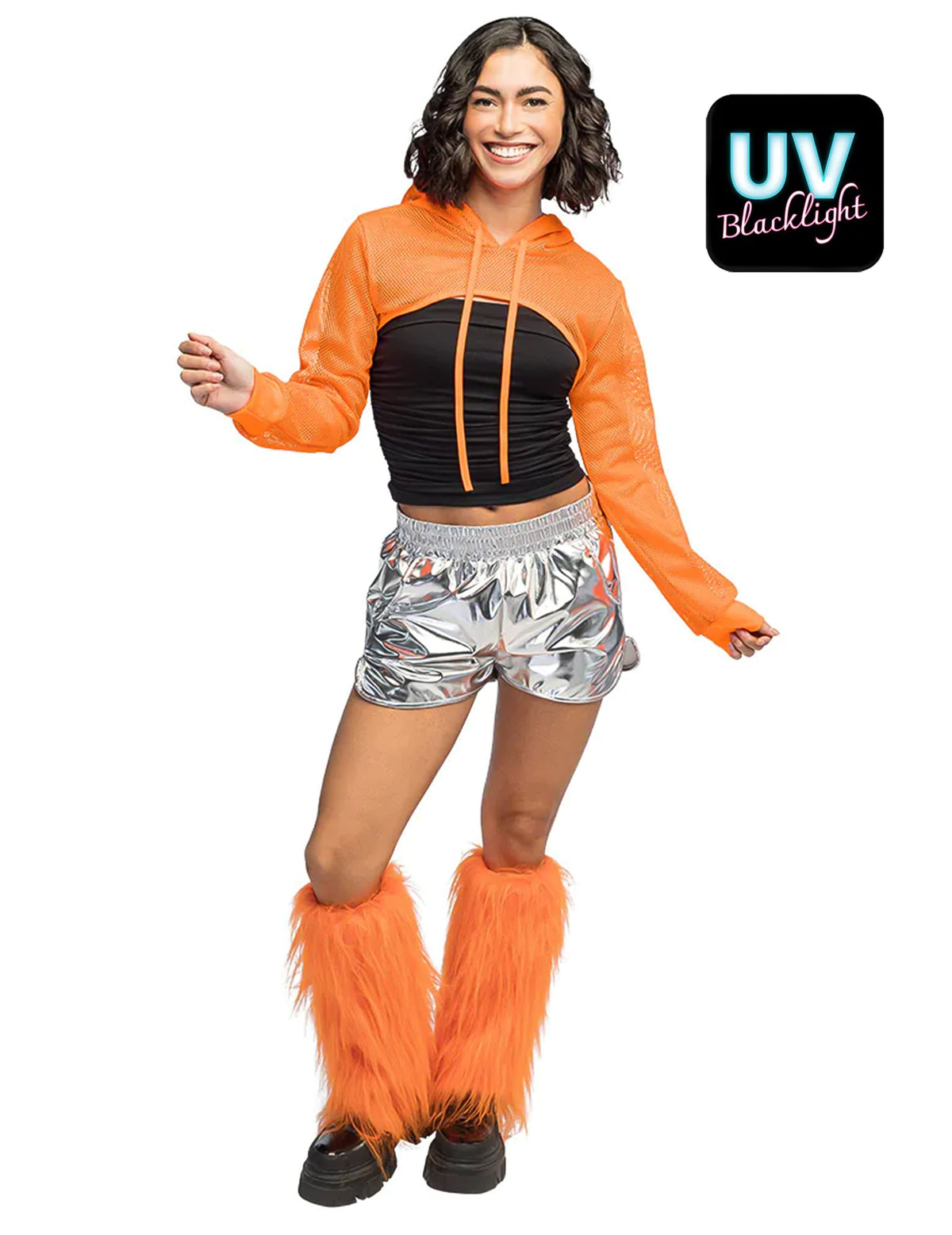 Vue d'ensemble du boléro en résille pour femme orange fluo