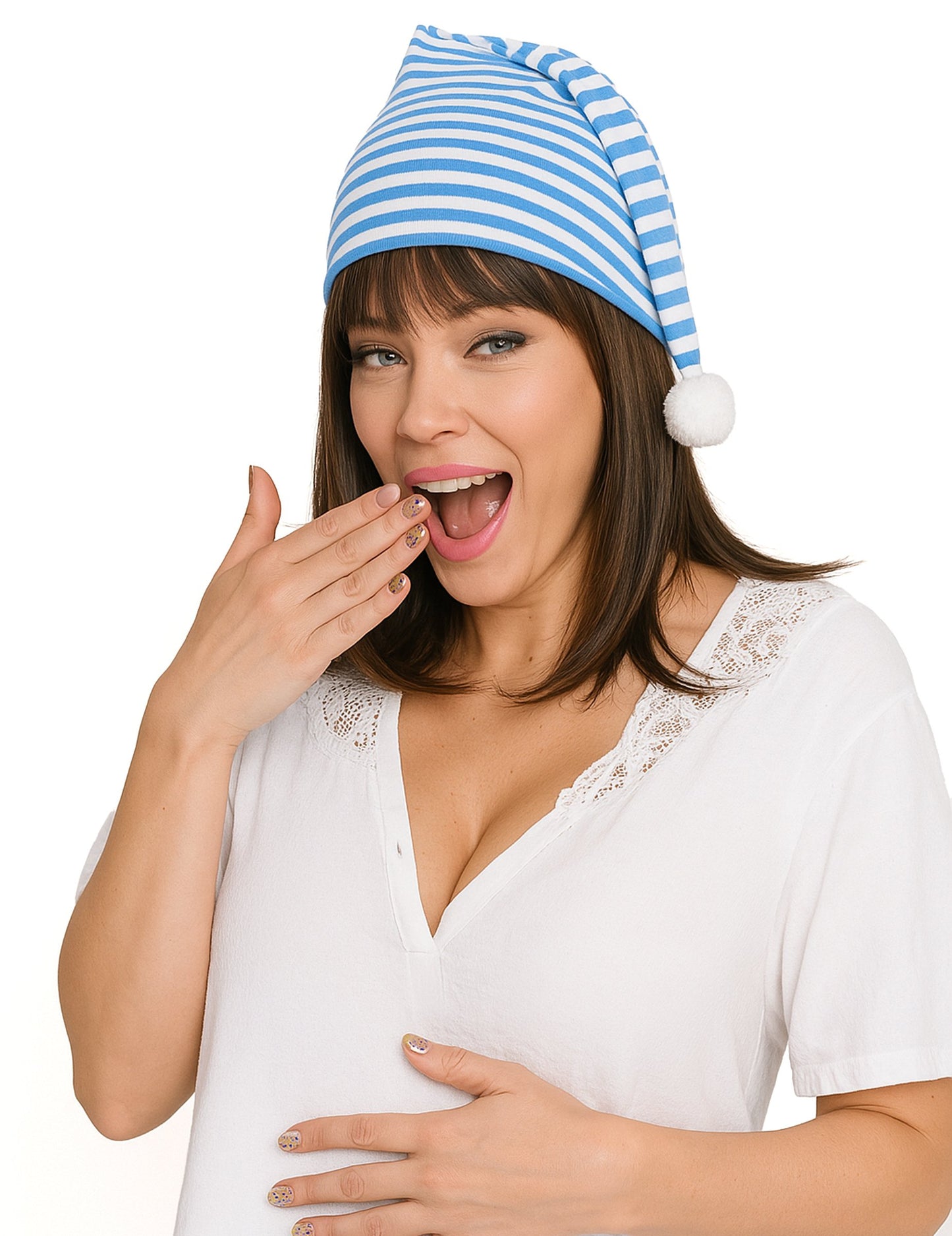 Pălărie albastră și albă cu pompom adult