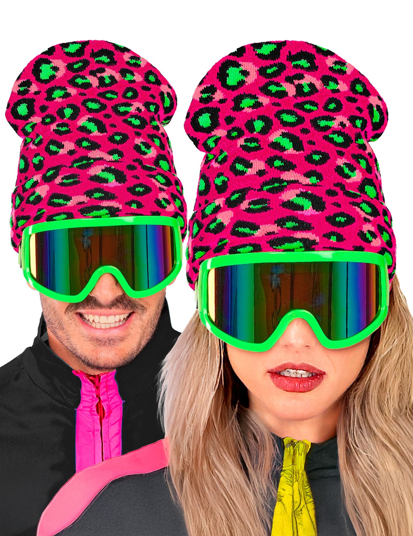 Vue de face en duo du bonnet léopard pour adulte