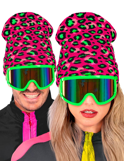 Vue de face en duo du bonnet léopard pour adulte