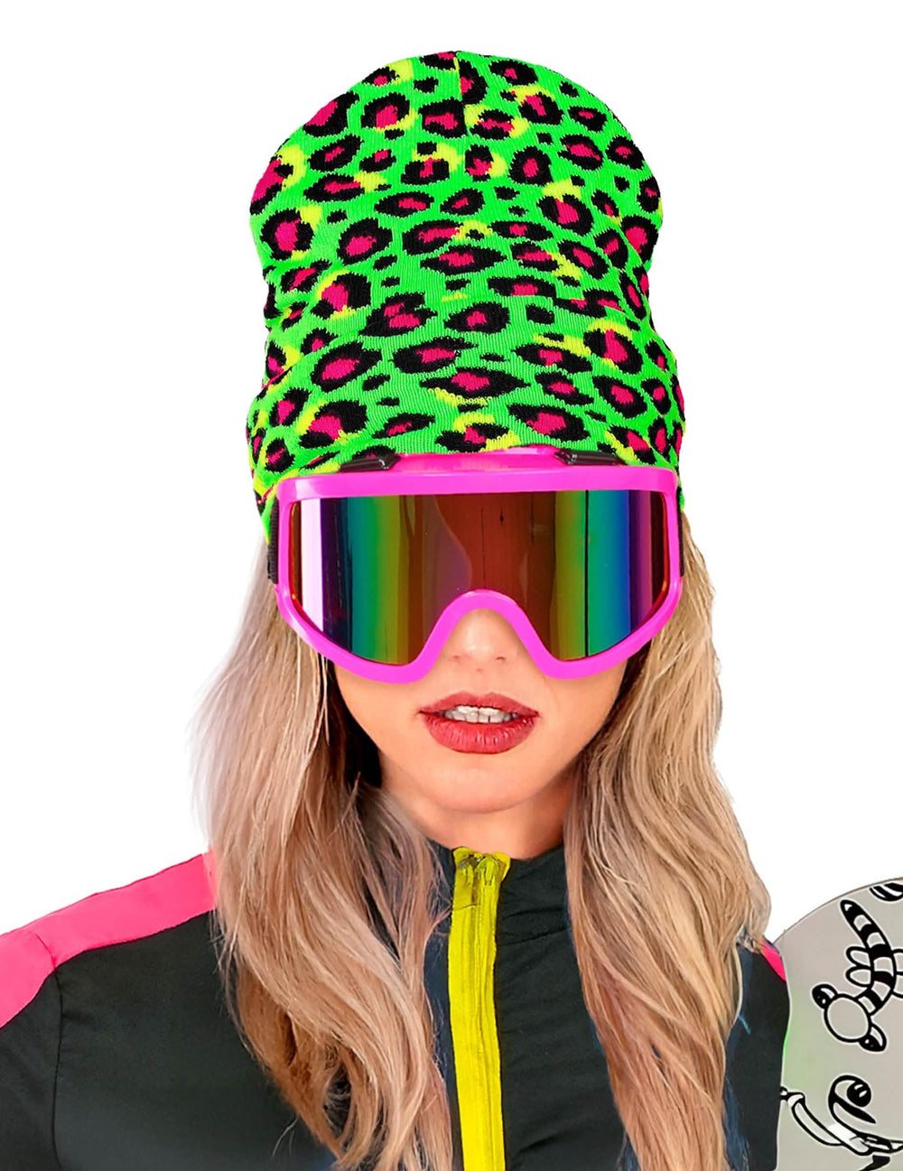 Vue de face avec lunettes de ski du bonnet léopard pour adulte