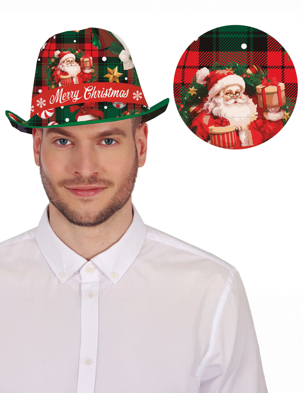 Borsalino tartan et motifs de Noël pour adulte rouge et vert avec ruban Merry Christmas