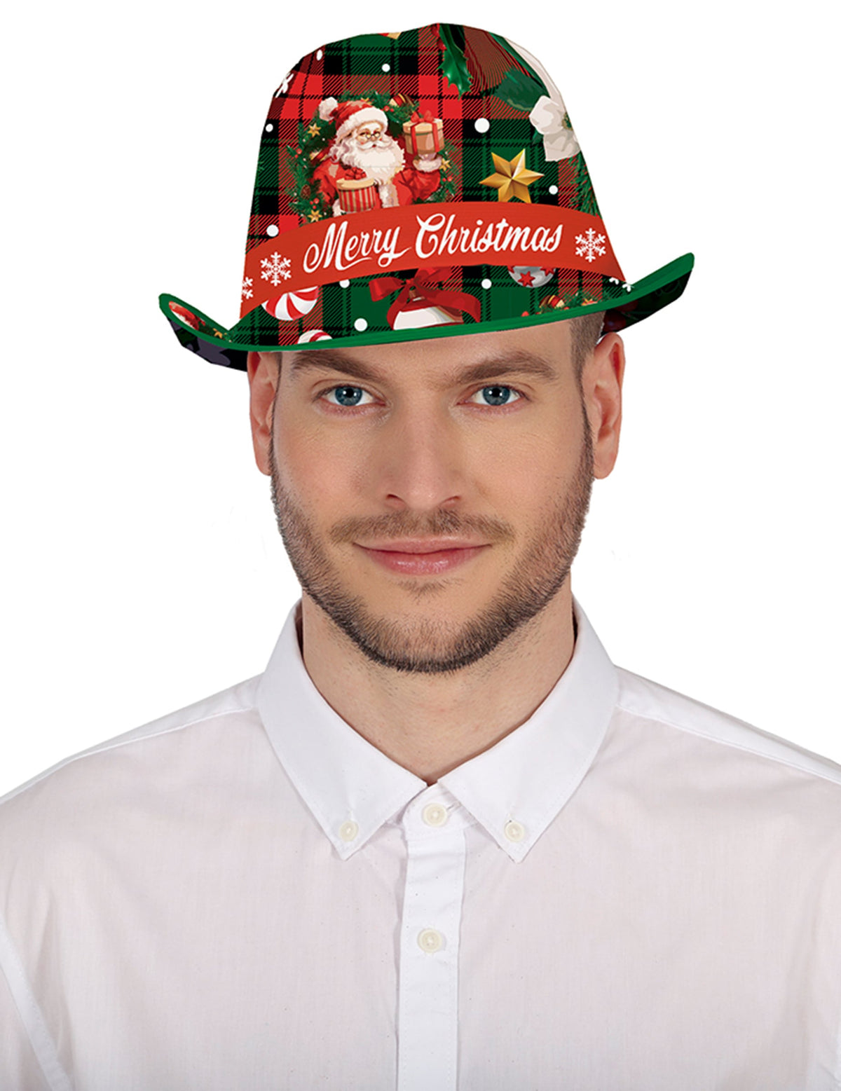 Vue de face du Borsalino tartan et motifs de Noël