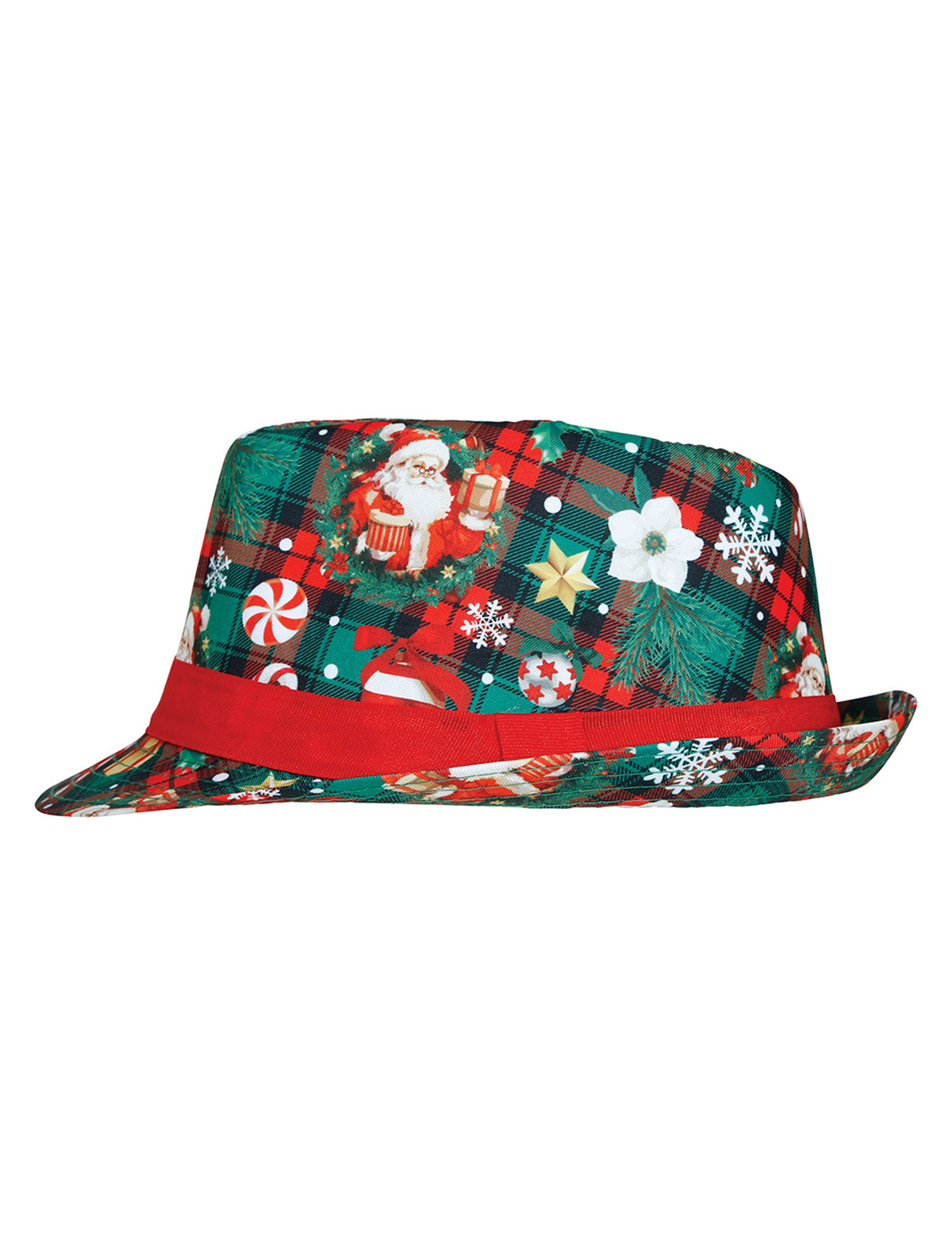 Vue latérale du Borsalino tartan et motifs de Noël
