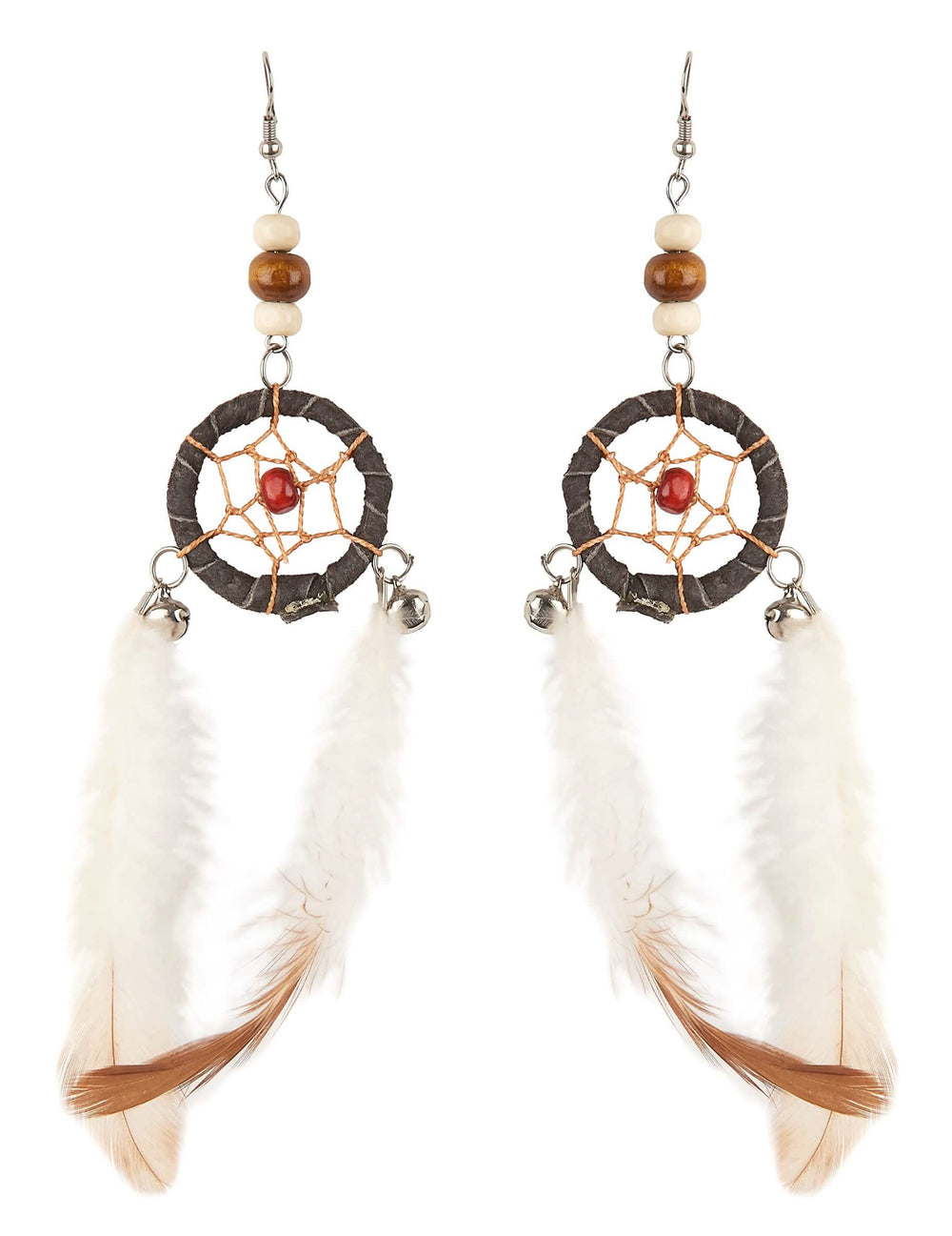 Boucles d'oreilles attrape-rêves pour adulte avec plumes blanches et marron