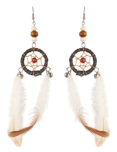 Boucles d'oreilles attrape-rêves pour adulte avec plumes blanches et marron