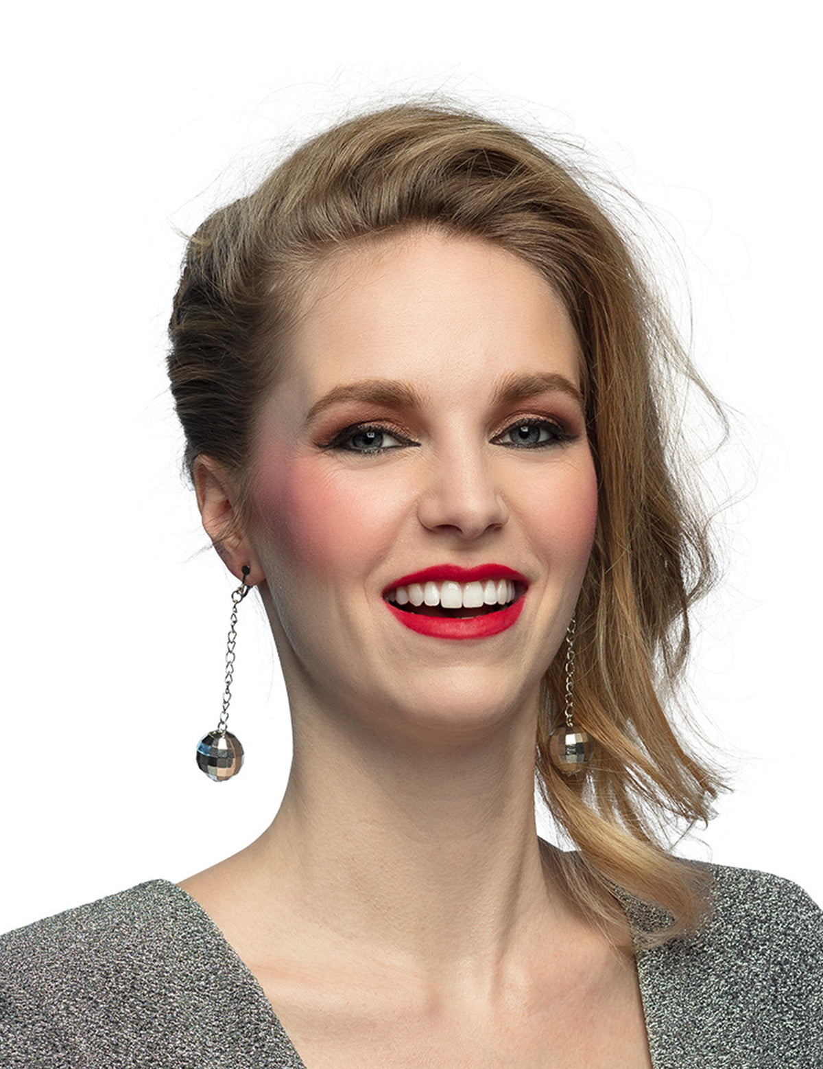 Boucles d'oreilles boules disco pour femme argentées brillantes