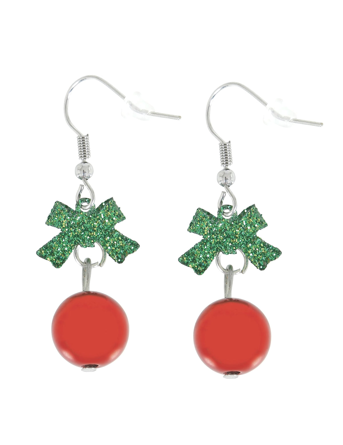 Détail des nœuds pailletés et des perles des boucles d'oreilles métalliques boules de Noël