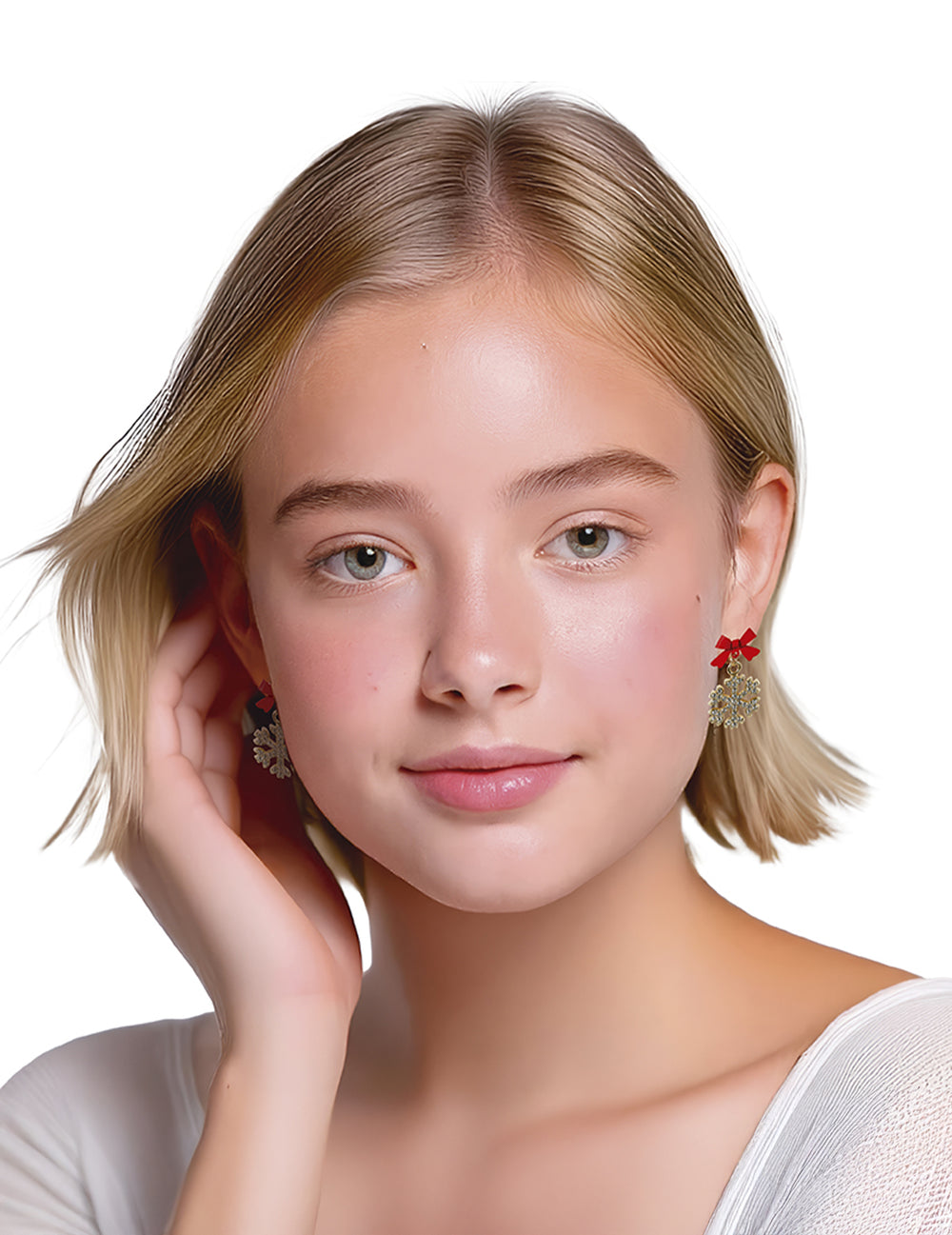 Boucles d'oreilles métalliques flocons de neige brillants pour femme dorées avec petit nœud rouge