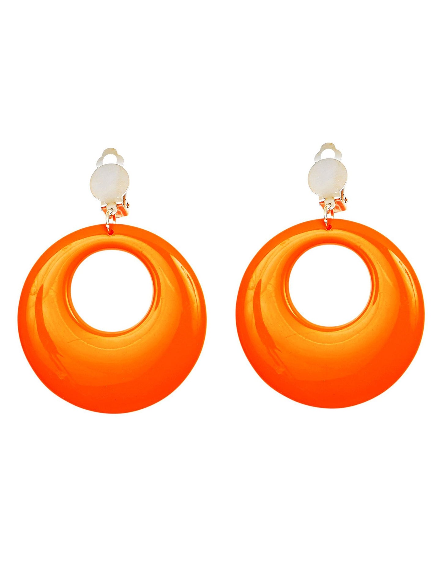Vue de face de la paire de boucles d'oreilles orange fluo pour adulte de forme ovale