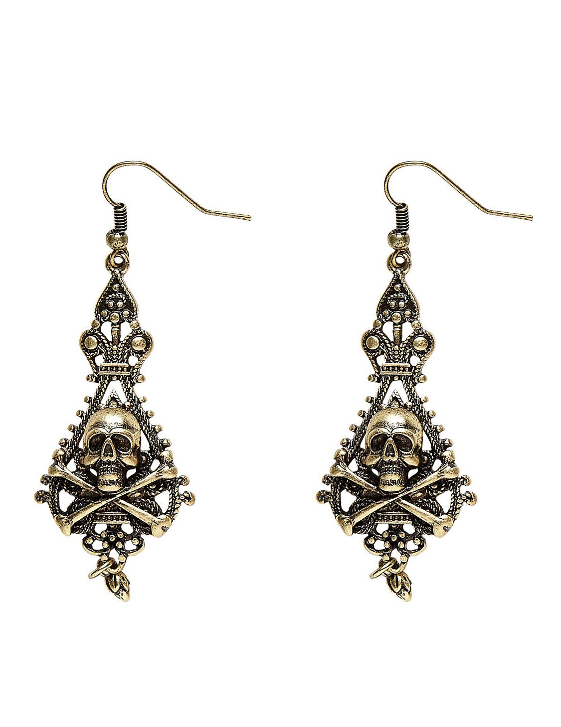 Boucles d'oreilles pirate des îles pour adulte dorées avec têtes de mort et os croisés